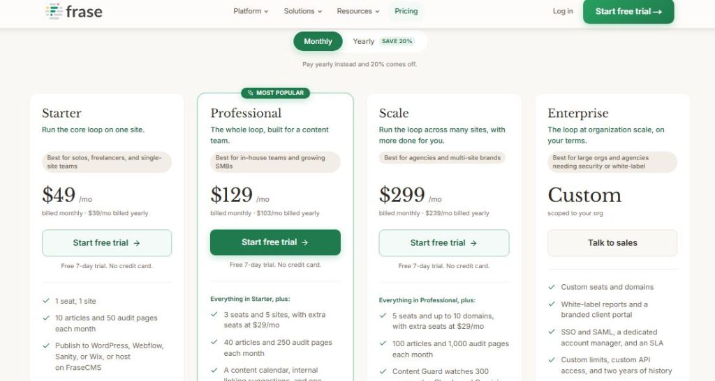 Frase Pricing page