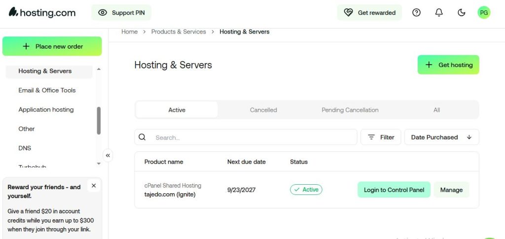 my hosting dashboard